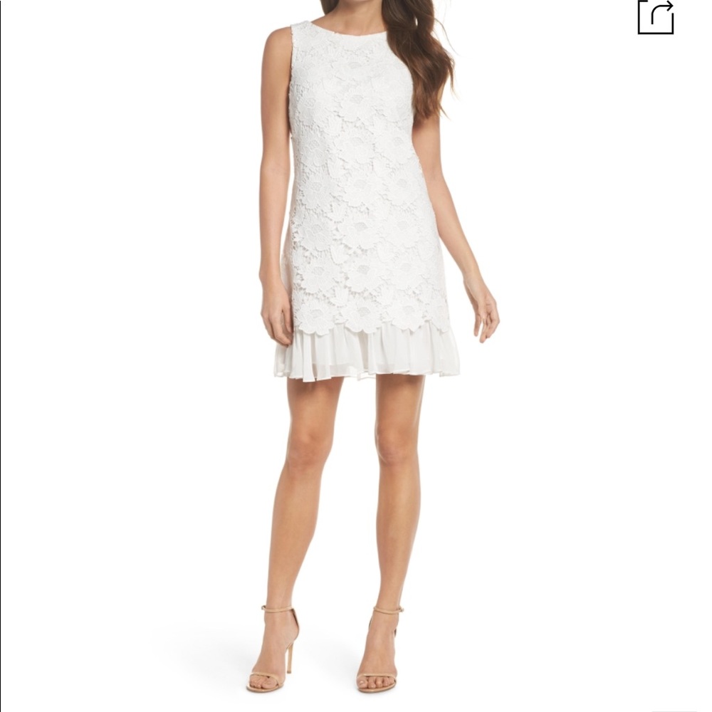 Eliza J Lace Ruffle Hem Sheath Dress in Ivory